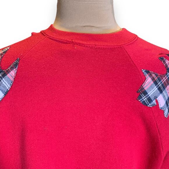 Vintage 80s Red Scottie Dog Applique Sweatshirt XL Plaid Preppy Holiday OOAK - Picture 5 of 9